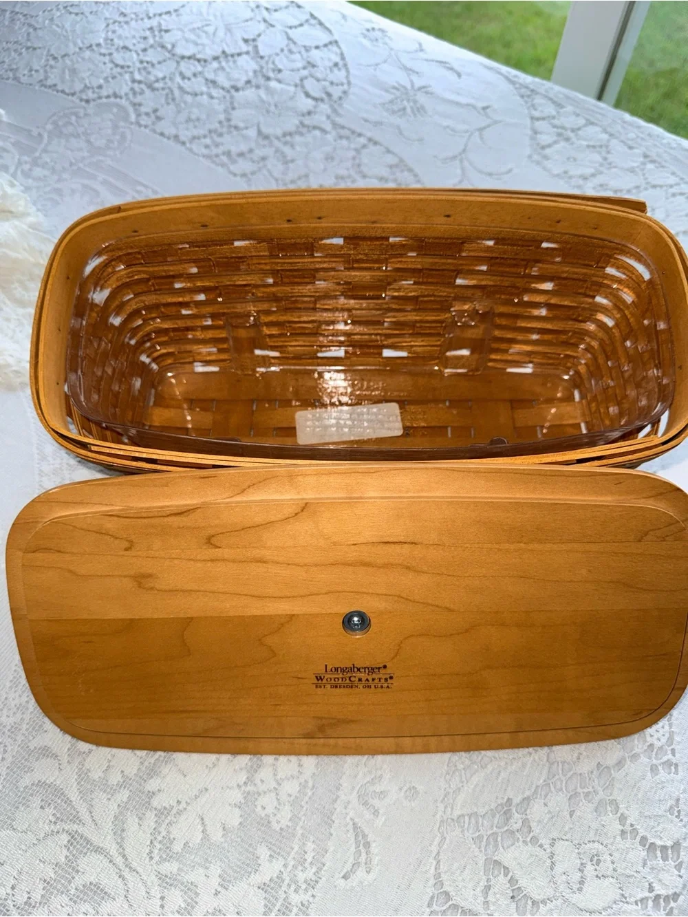 Longaberger Wood Weave Storage Basket with Lid - Honey Brown